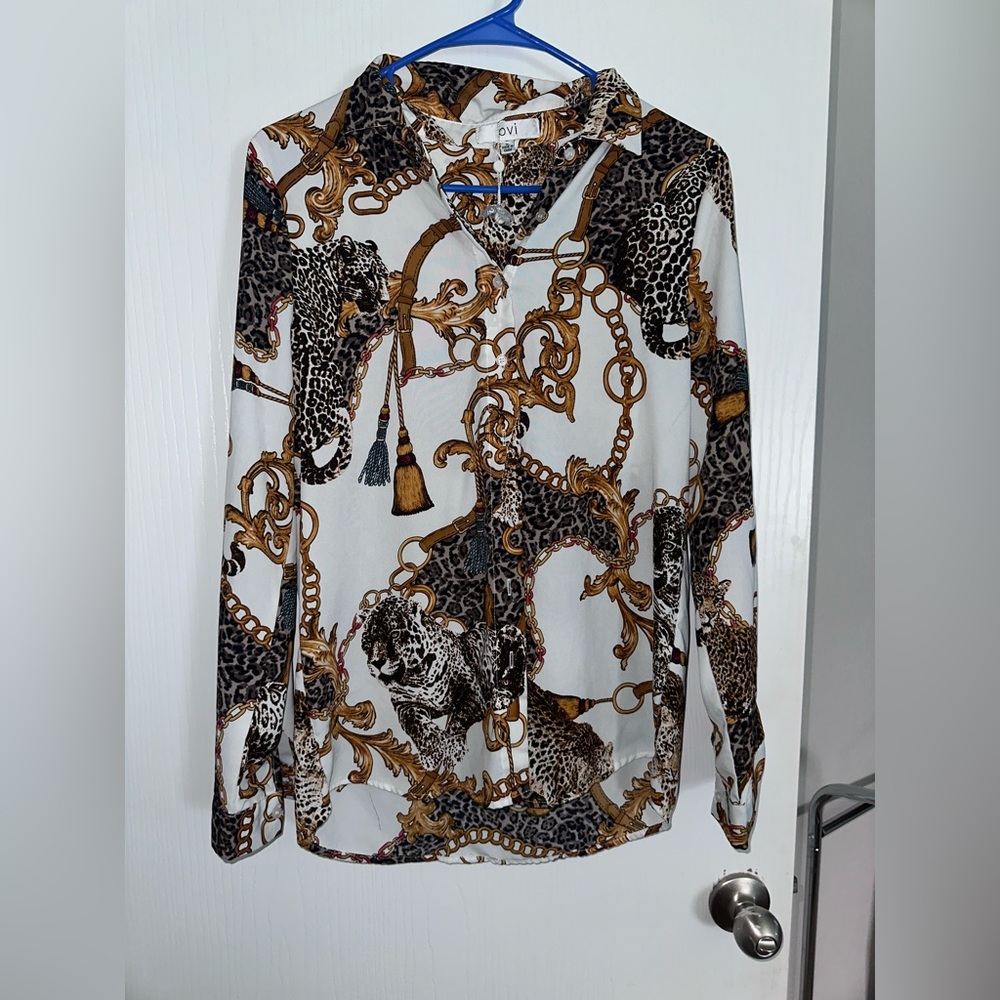 Printed button up short, size small.